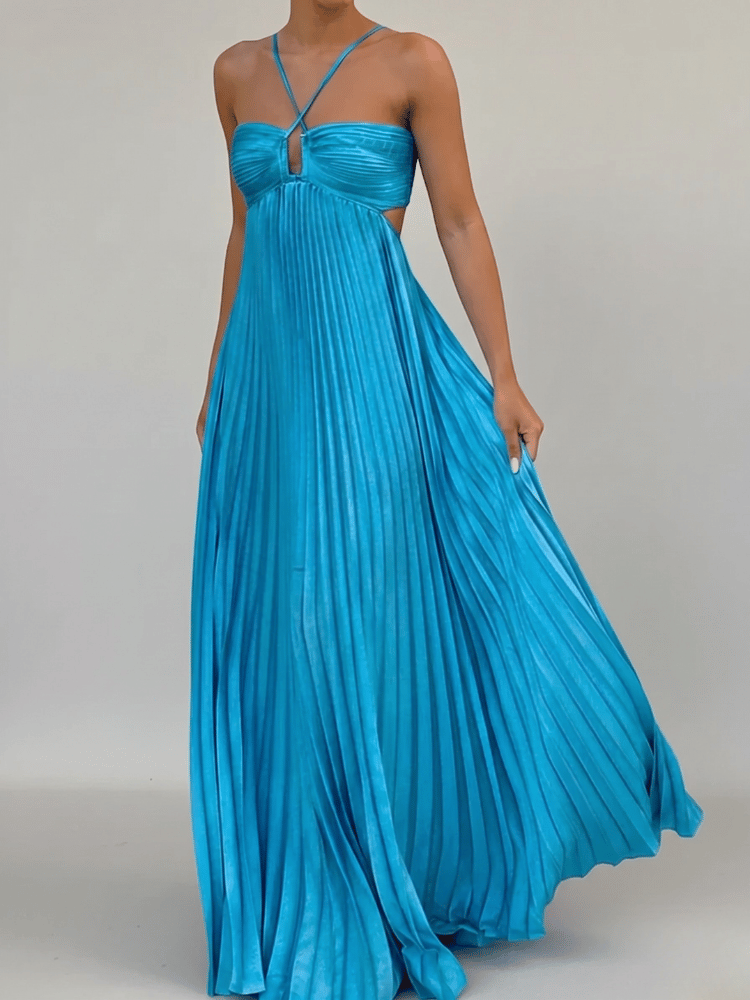 Women's Pleated Maxi Dress Satin Wedding Guest Formal Gown