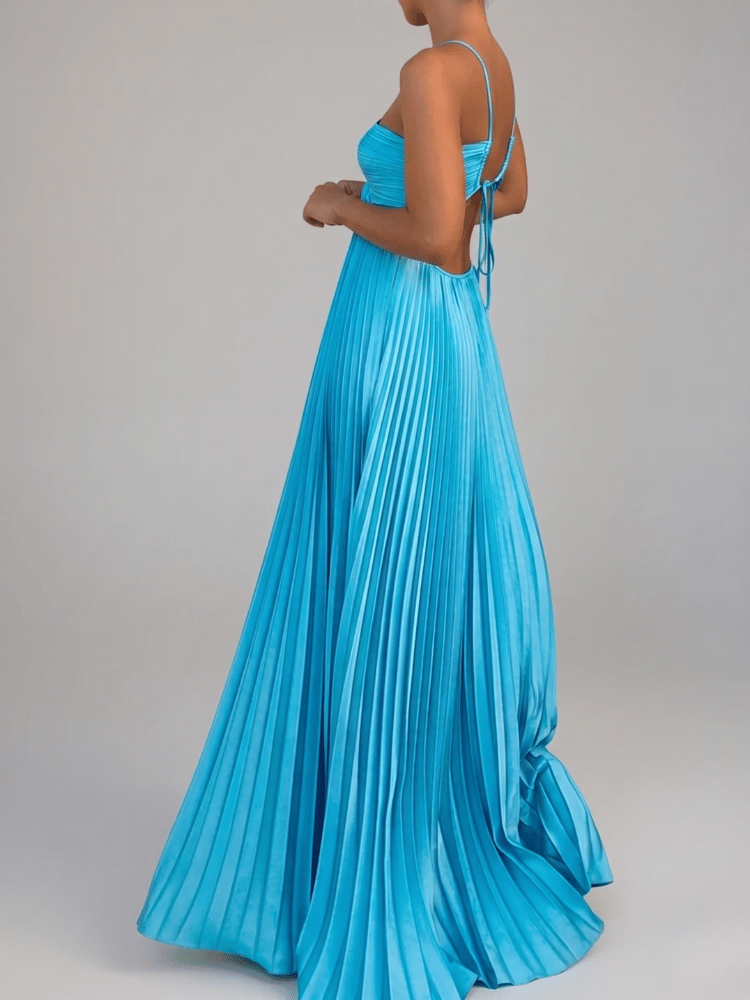 Women's Pleated Maxi Dress Satin Wedding Guest Formal Gown