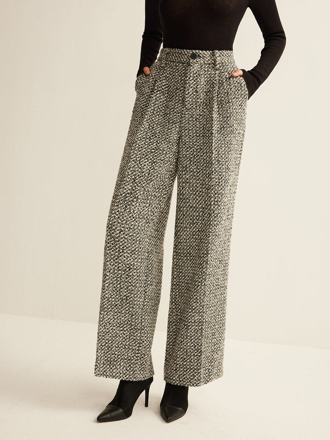 Women's Wool Wide Leg Pants High Waisted Trousers