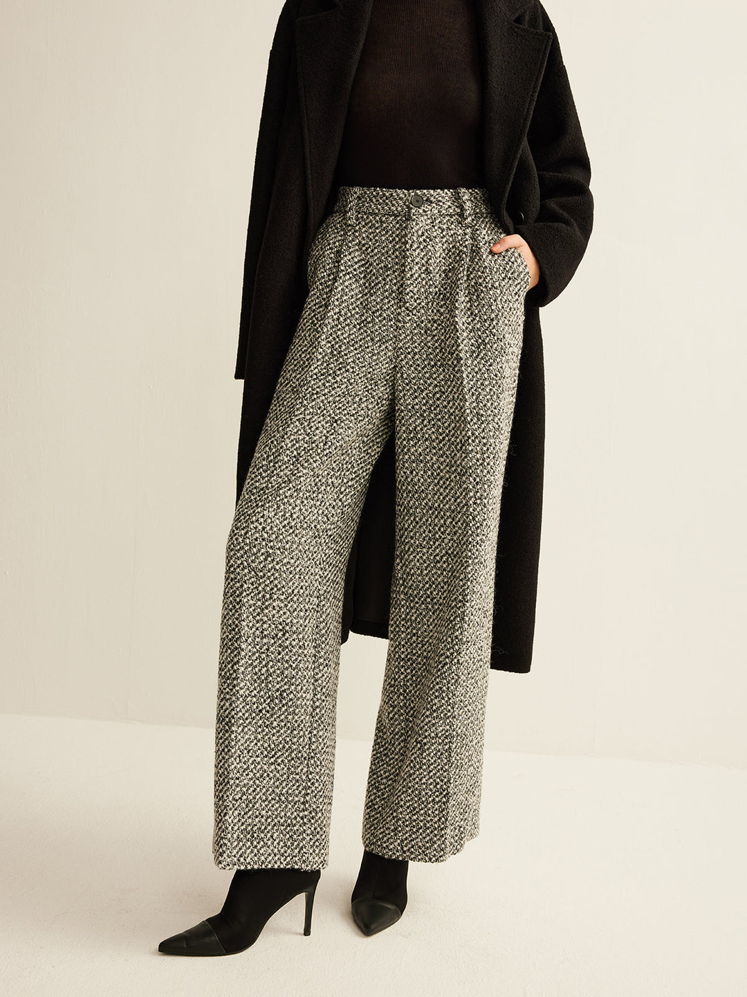 Women's Wool Wide Leg Pants High Waisted Trousers