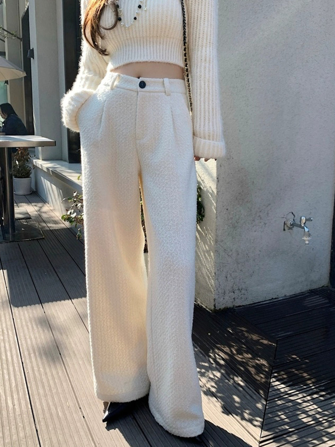 Women's Wool Wide Leg Pants High Waisted Trousers
