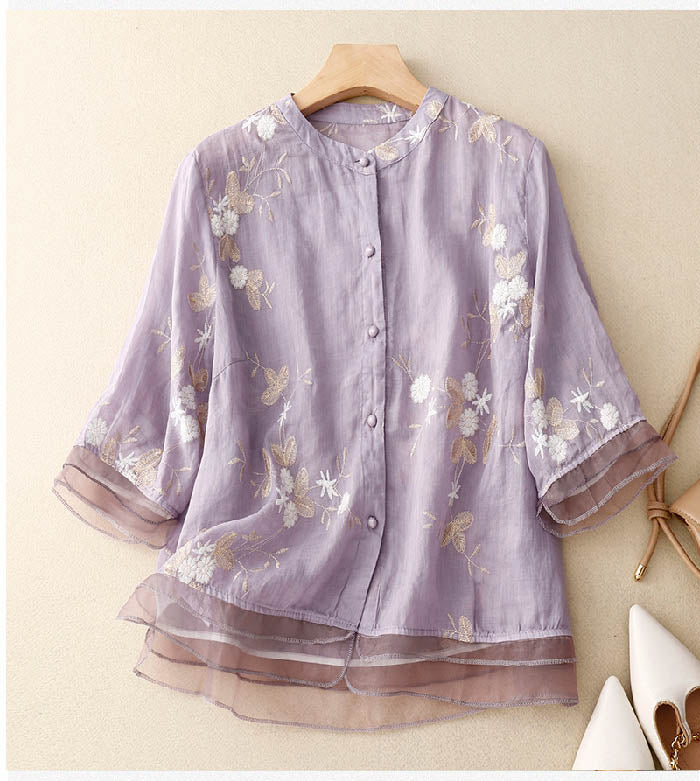 Women Silk Blouse Floral Embroidery Elegant Sheer Layered Top