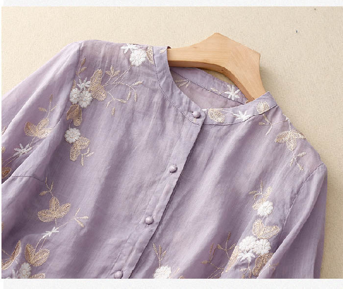 Women Silk Blouse Floral Embroidery Elegant Sheer Layered Top