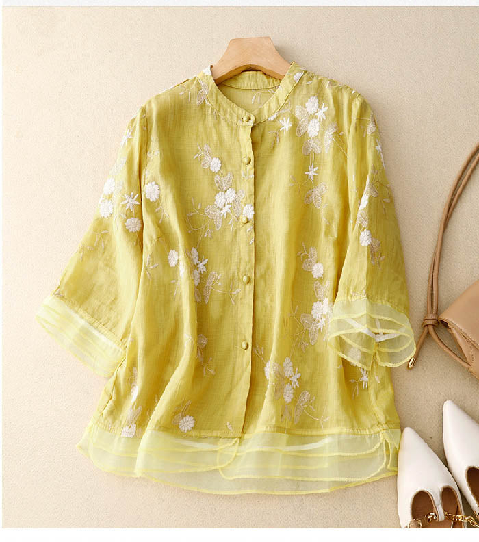 Women Silk Blouse Floral Embroidery Elegant Sheer Layered Top