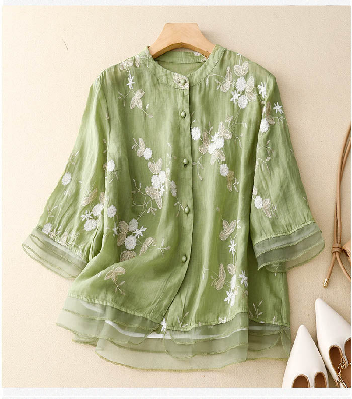 Women Silk Blouse Floral Embroidery Elegant Sheer Layered Top