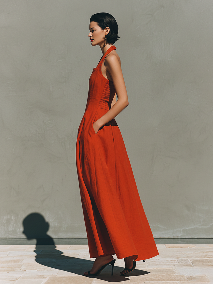 Women's Linen Blend Halter Neck Sleeveless Pleated A-Line Maxi Dress