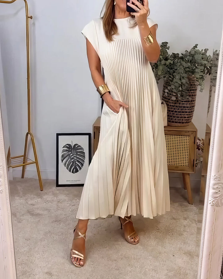 Women's Linen Blend Loose Pleated Cap Sleeve Maxi Dress