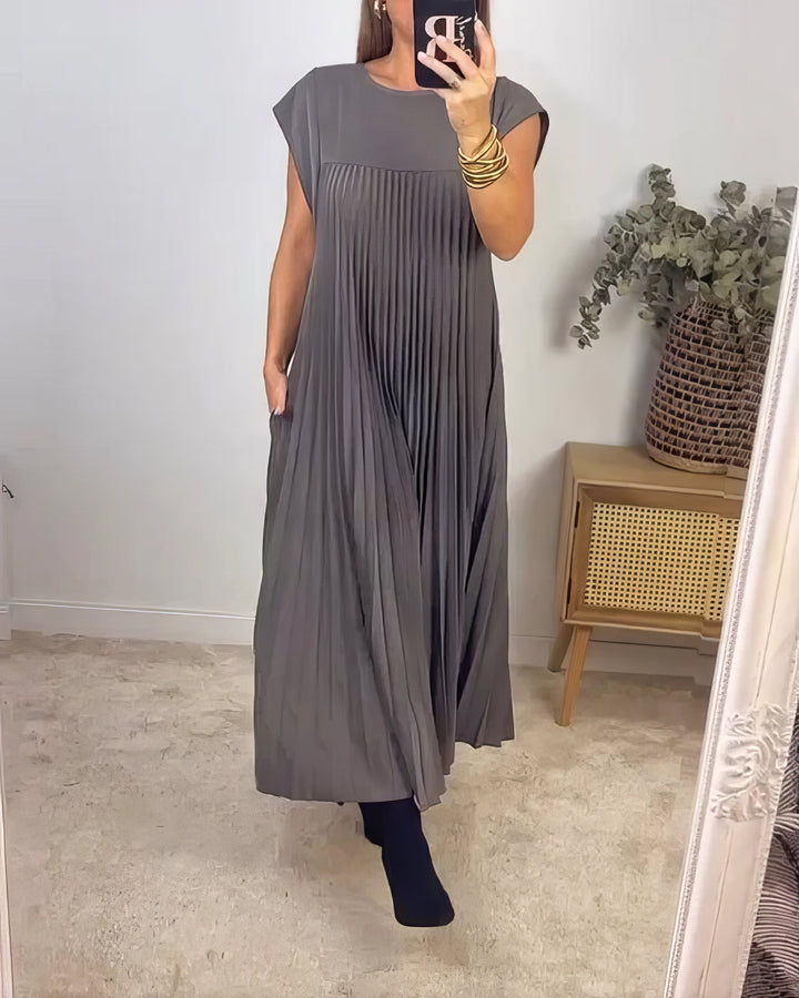 Women's Linen Blend Loose Pleated Cap Sleeve Maxi Dress