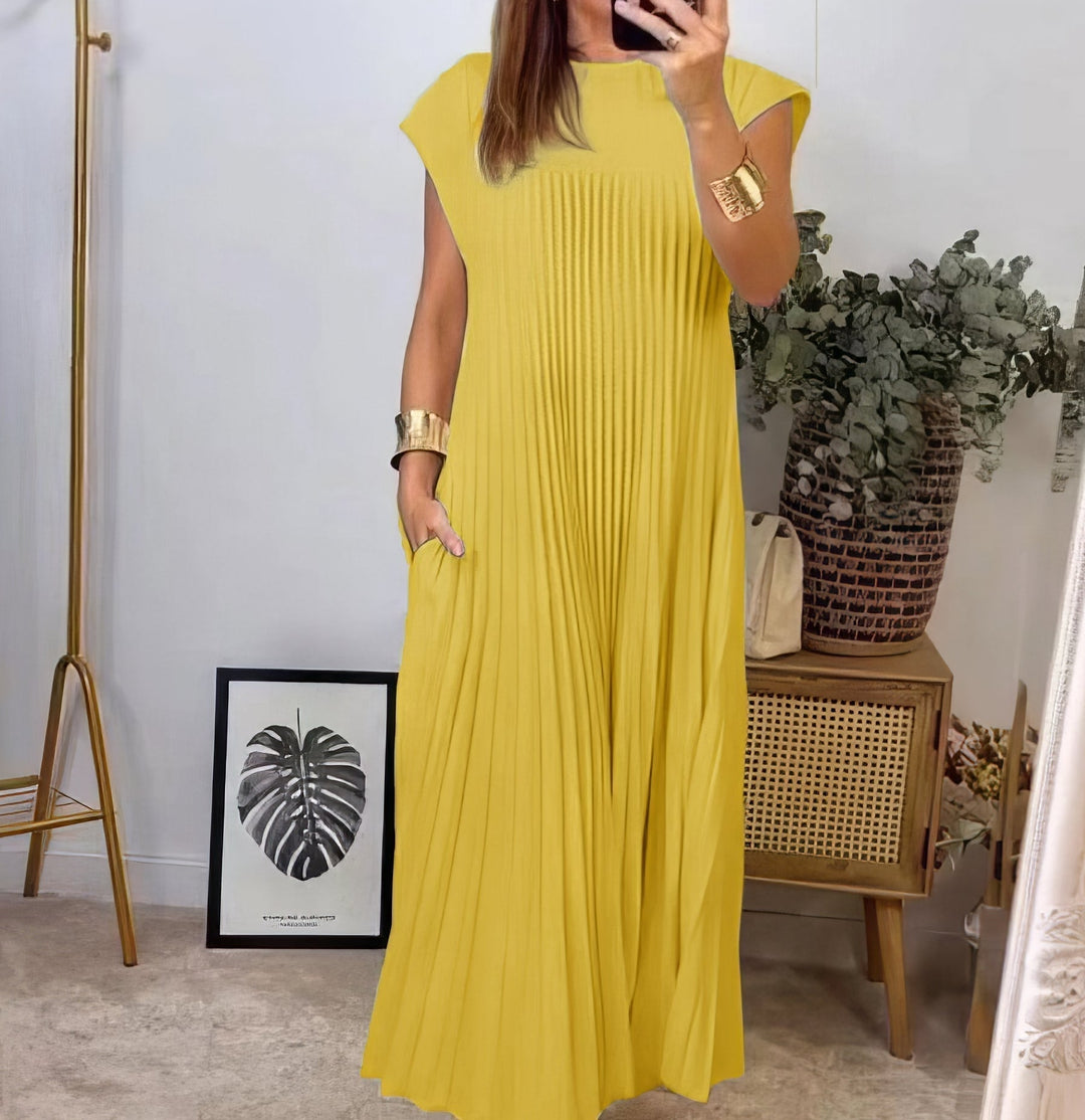 Women's Linen Blend Loose Pleated Cap Sleeve Maxi Dress