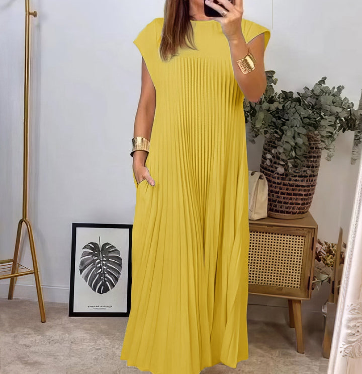 Women's Linen Blend Loose Pleated Cap Sleeve Maxi Dress