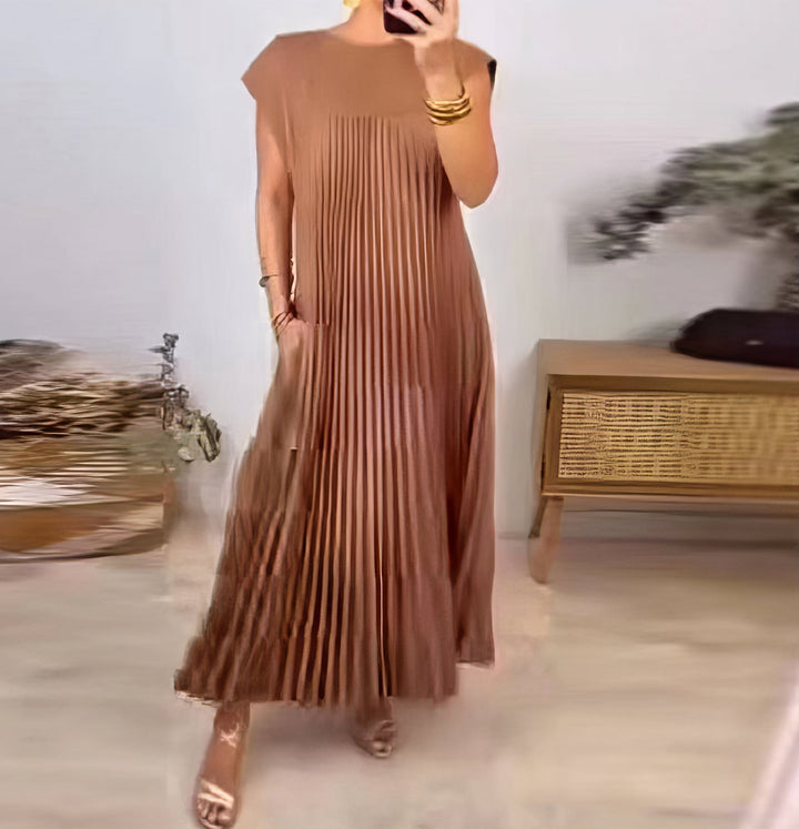 Women's Linen Blend Loose Pleated Cap Sleeve Maxi Dress