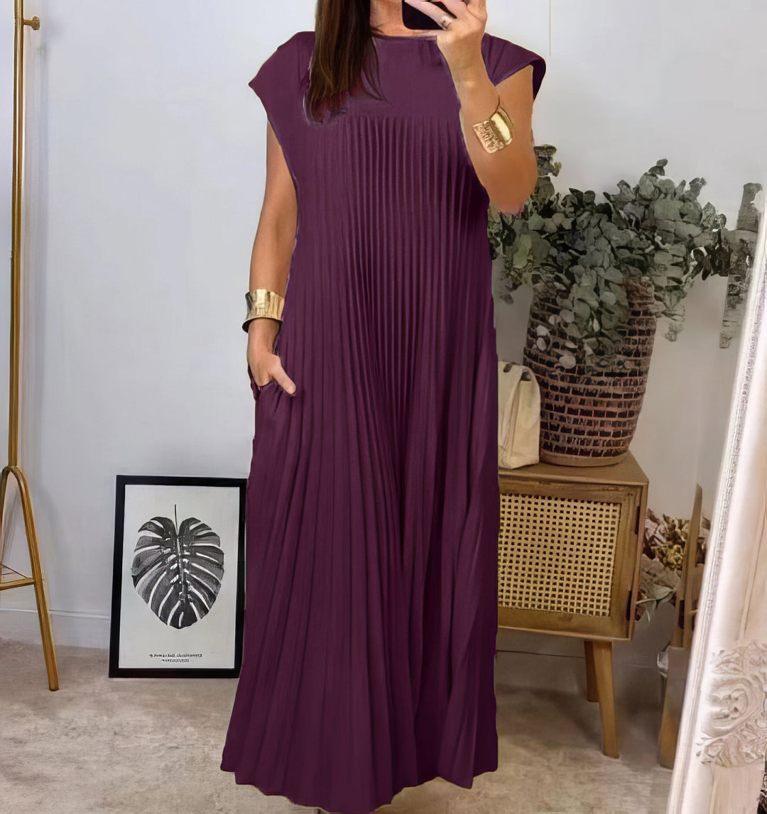 Women's Linen Blend Loose Pleated Cap Sleeve Maxi Dress