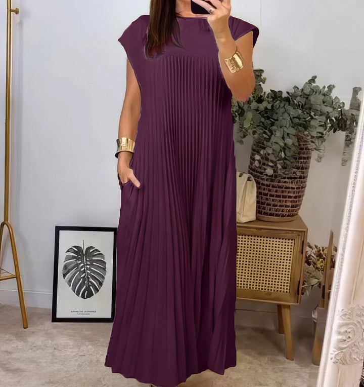 Women's Linen Blend Loose Pleated Cap Sleeve Maxi Dress