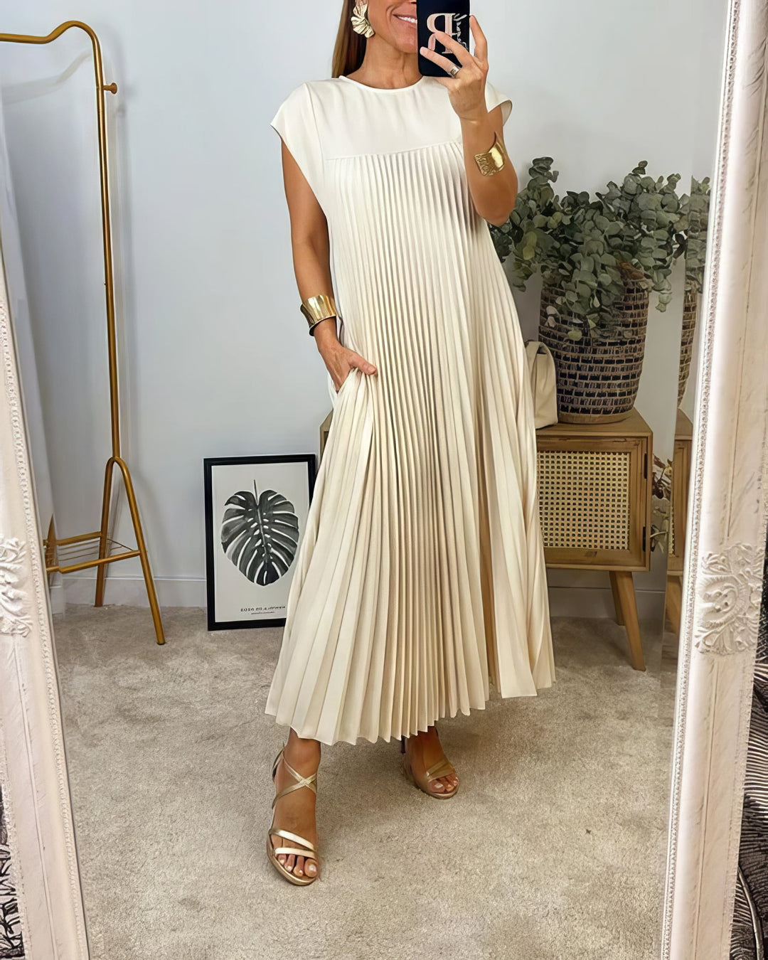 Women's Linen Blend Loose Pleated Cap Sleeve Maxi Dress