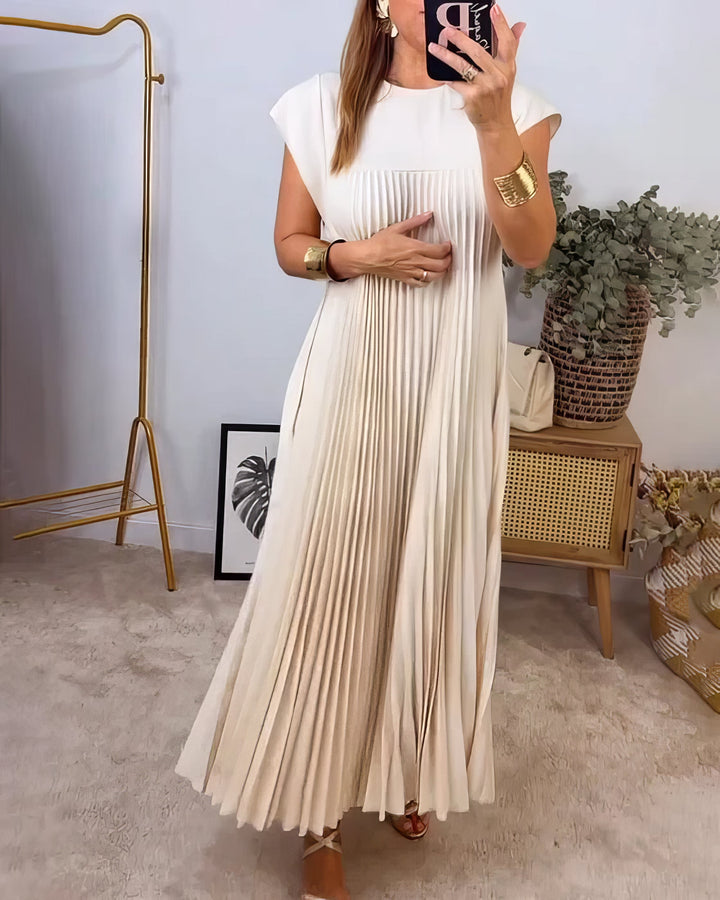 Women's Linen Blend Loose Pleated Cap Sleeve Maxi Dress