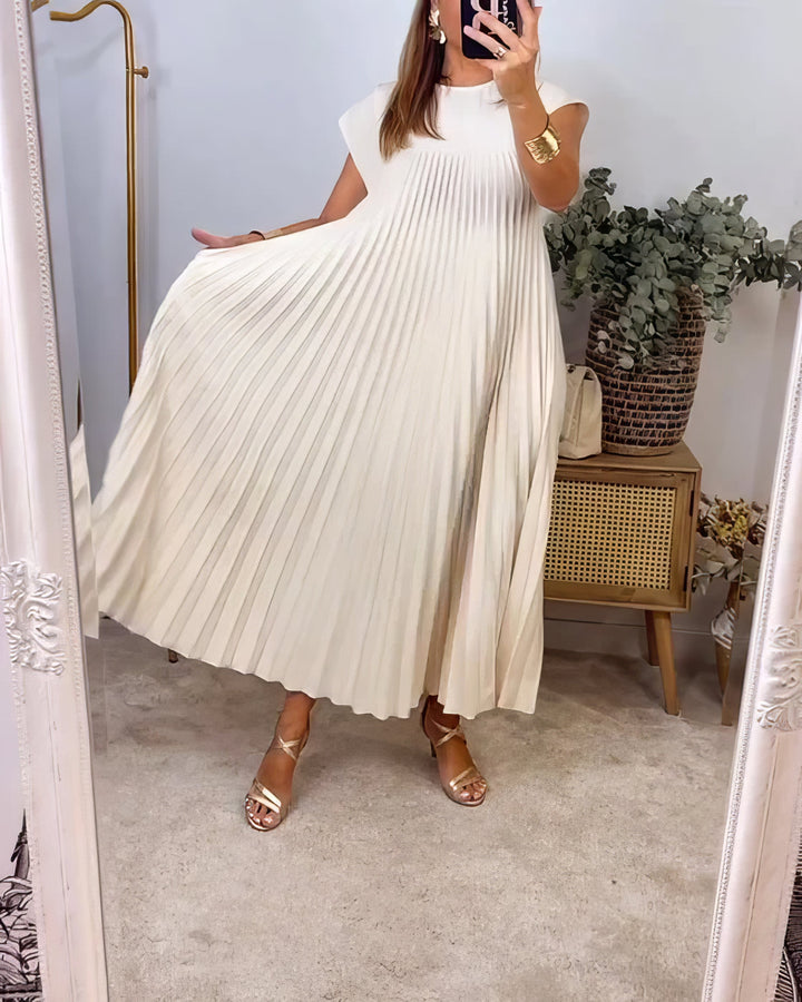 Women's Linen Blend Loose Pleated Cap Sleeve Maxi Dress