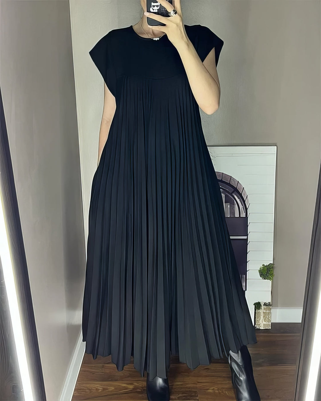Women's Linen Blend Loose Pleated Cap Sleeve Maxi Dress