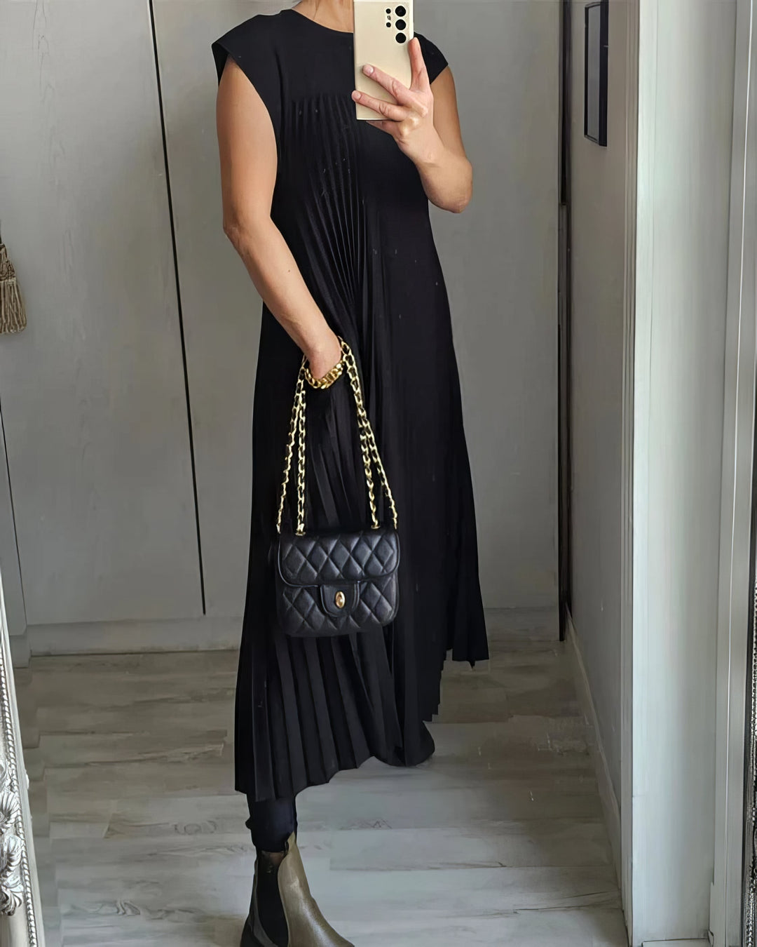 Women's Linen Blend Loose Pleated Cap Sleeve Maxi Dress