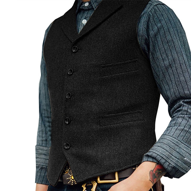 Men's Wool Tweed Waistcoat Vintage Notch Lapel Vest